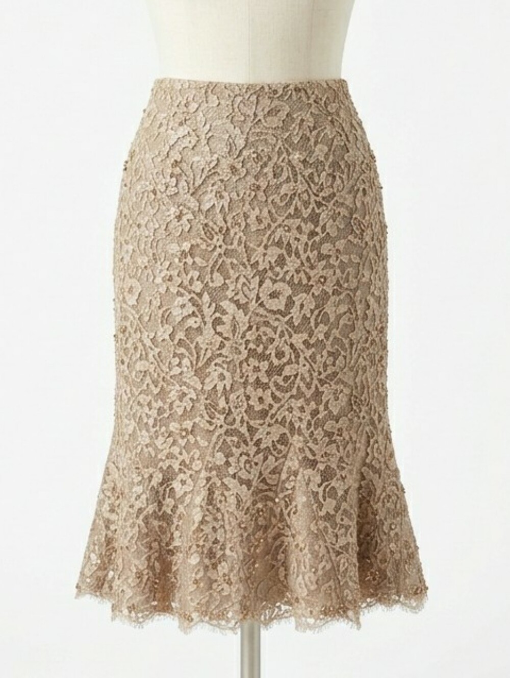 Montage by Mon Cheri Vintage Silk Beaded Lace Trumpet Skirt Champagne